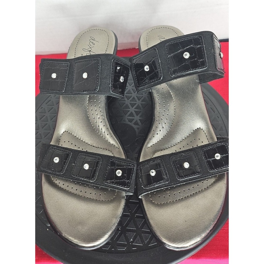 DEXFLEX Dexter Black Faux Leather Strapy SlipOn Sandals W Jewels On Straps 9.5